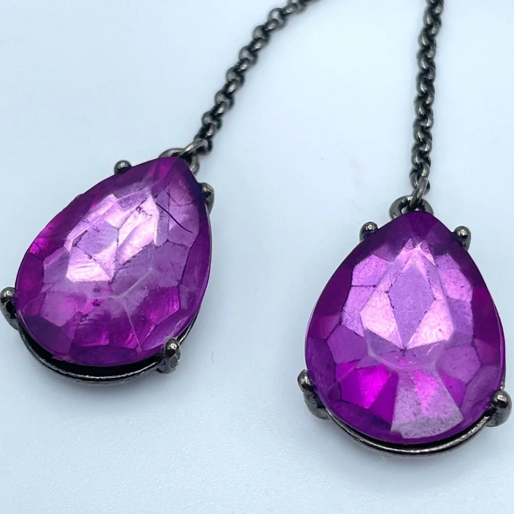 Vintage Gunmetal-Tone Prong Faceted Glass Purple Teardrop Beads Dangle Earrings